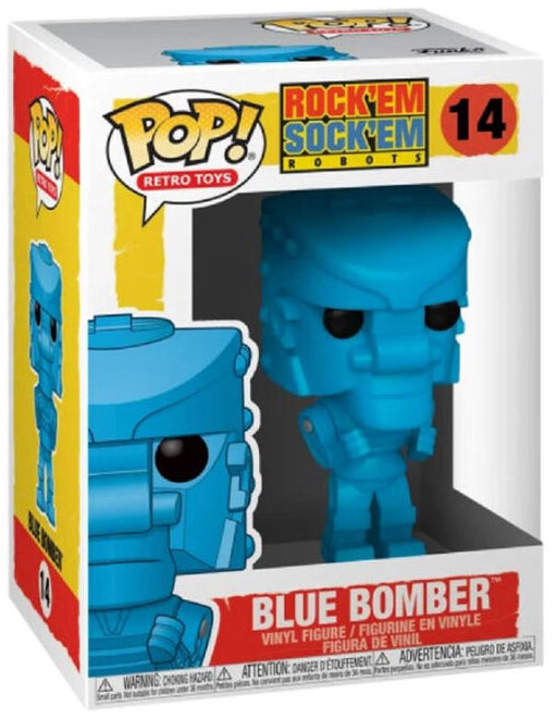 Blue Pop! Vinyl figure in packaging with 'Rock 'Em Sock 'Em Robots' branding.