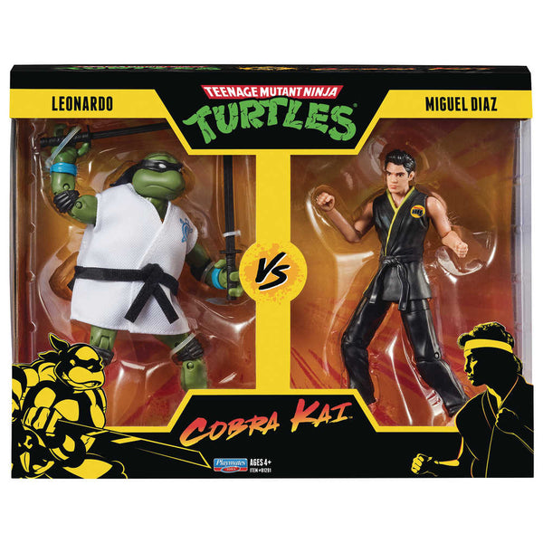 Figura de acción de las Tortugas Ninja mutantes adolescentes X Cobra Kai Leonardo vs Miguel Díaz, paquete de 2